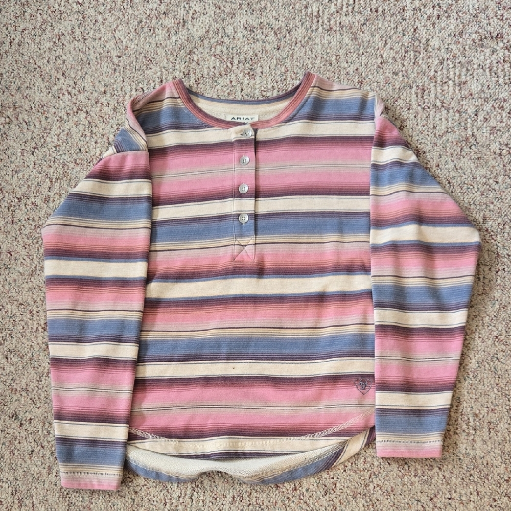 Ariat Womans Long Sleeve Striped Henley - Pink, Blue, Cream Western Wear